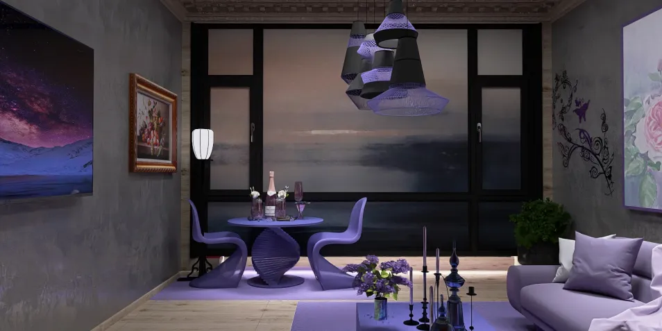 A modern purple-themed living room featuring a round dining table with stylish chairs, accent decor, and artistic wall elements. The space showcases contemporary interior design with a focus on color harmony and functionality, utilizing Homestyler's real-time 3D rendering feature for design visualization.
