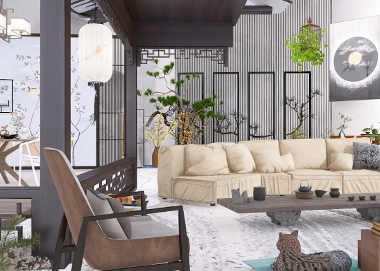 Open Japandi living room  Design Rendering