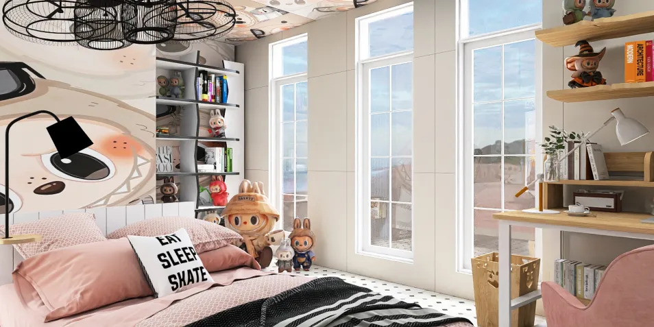 cozy bedroom with playful decor and smart furniture arrangement in a modern style featuring a stylish bed and shelf design to optimize small space using Homestyler's real-time 3D rendering feature