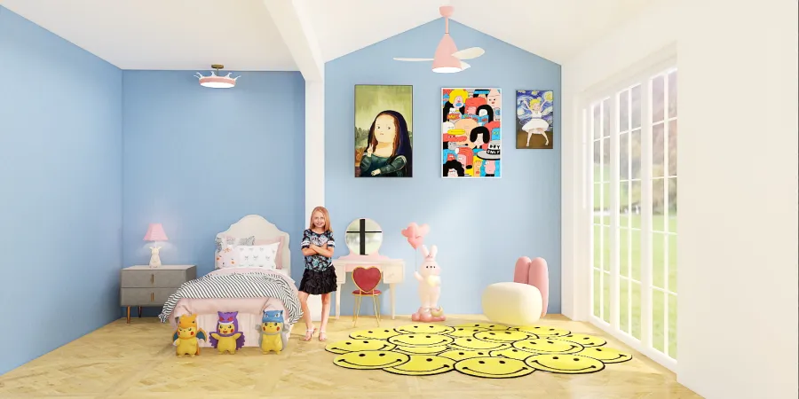 a small child's room with a table and a pink wall 