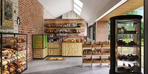 Bakery interior featuring a rustic design with a vintage display of bread and pastries, creating a warm and inviting atmosphere; utilizing Homestyler's real-time 3D rendering feature for accurate design visualization.