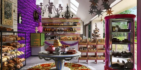 3D bakery interior design showcasing vibrant colors and a lively atmosphere, enhanced by Homestyler's real-time 3D rendering feature.
