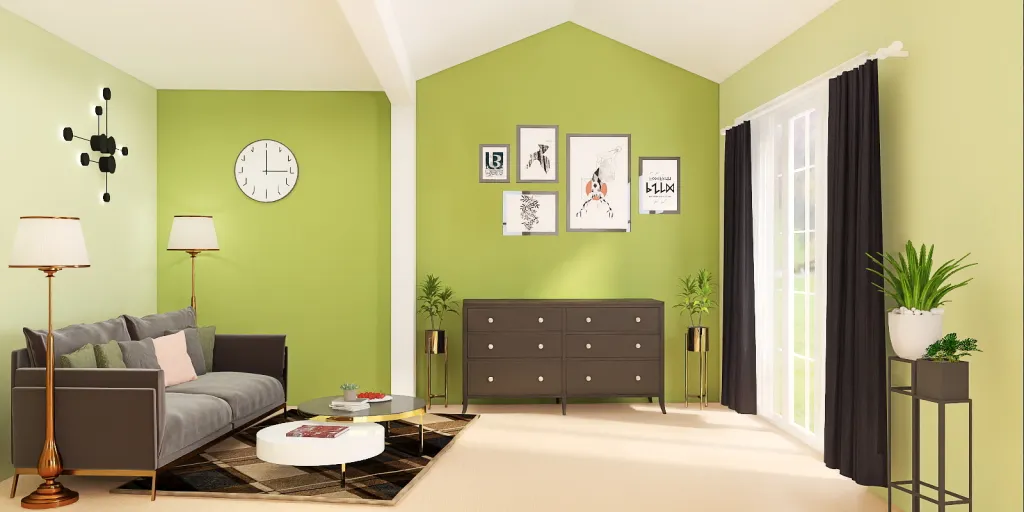 a living room with a large green wall and a large clock 
