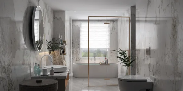 modern bathroom design featuring a freestanding bathtub, glass shower enclosure, and marble wall finishes, showcasing a stylish and functional interior decor concept using Homestyler's real-time 3D rendering feature.