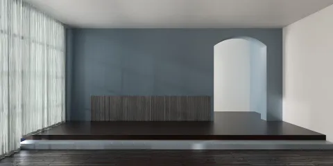 Minimalist interior design featuring a modern platform bed arrangement with natural light streaming through sheer curtains, emphasizing open space and tranquility using Homestyler's real-time 3D rendering feature.