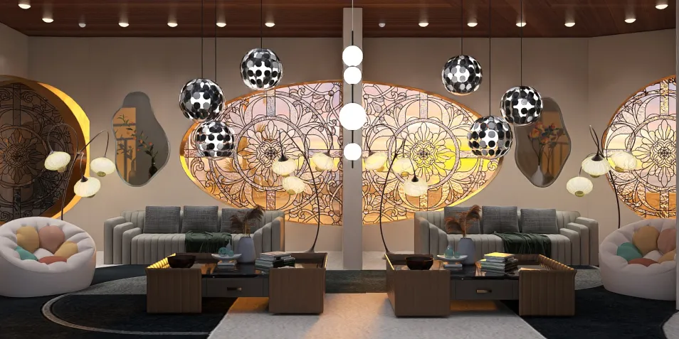 modern living room with unique pendant lighting and stylish furniture arrangement, showcasing interior decor using Homestyler's real-time 3D rendering feature for design preview.