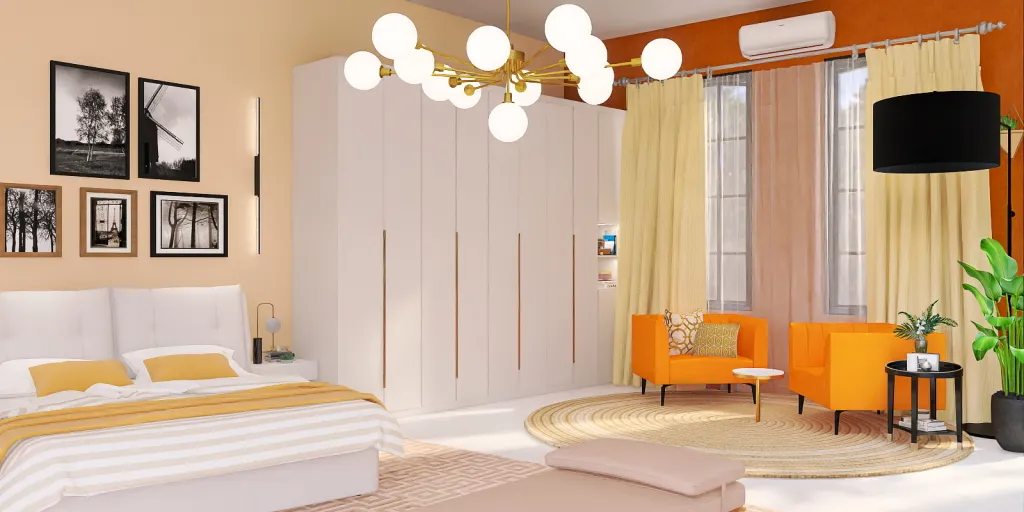 a bedroom with a bed, a lamp, and a mirror 