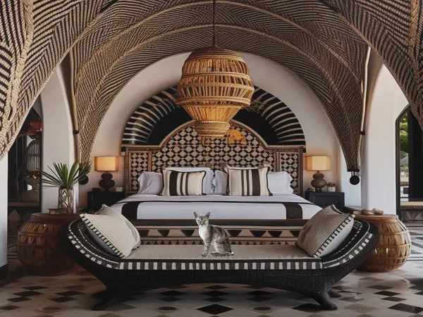 luxurious bedroom design featuring a woven bed and intricate patterns showcasing a bohemian style with elegant decor elements; highlighting Homestyler's real-time 3D rendering capability for instant design visualization.