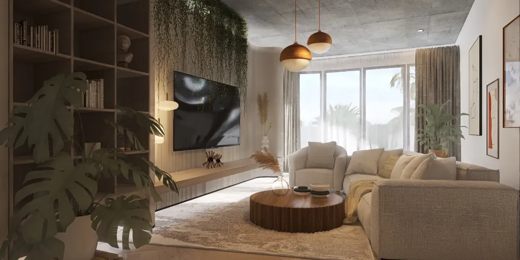 a living room with a couch, tv, and a table 
