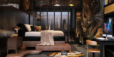 modern bedroom featuring a stylish design with a tiger mural and smart furniture arrangement, showcasing interior decor optimization with Homestyler's real-time 3D rendering feature.