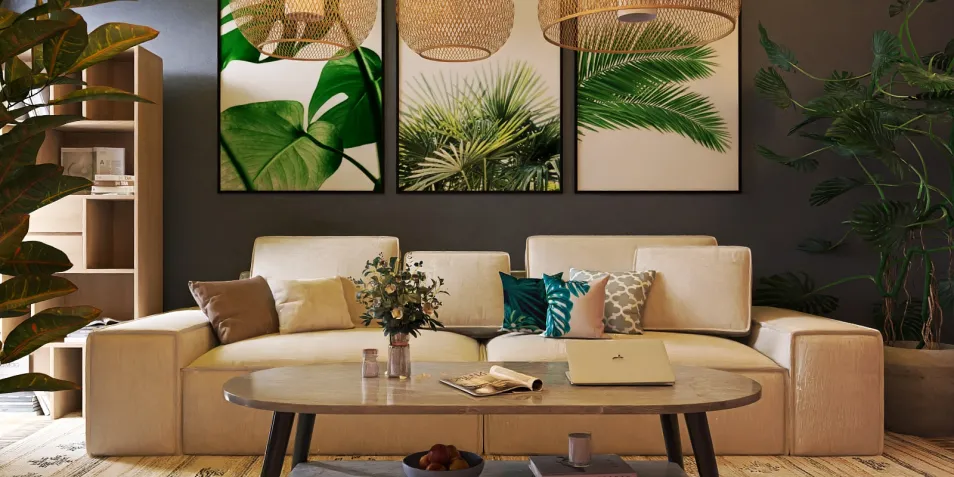 A cozy living room featuring a modern sofa arrangement with decorative cushions, showcasing a tropical theme with leaf prints on the wall. This interior design incorporates smart furniture arrangement to optimize space, utilizing Homestyler's real-time 3D rendering for an immersive experience.