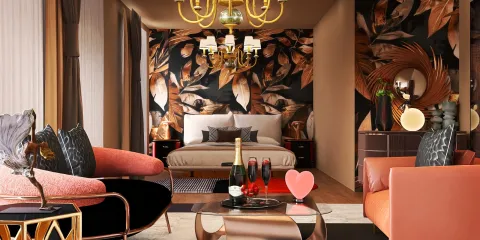 Elegant bedroom with floral wallpaper featuring a modern design aesthetic, showcasing interior decor ideas that utilize Homestyler’s real-time 3D rendering for a quick visualization of the space.