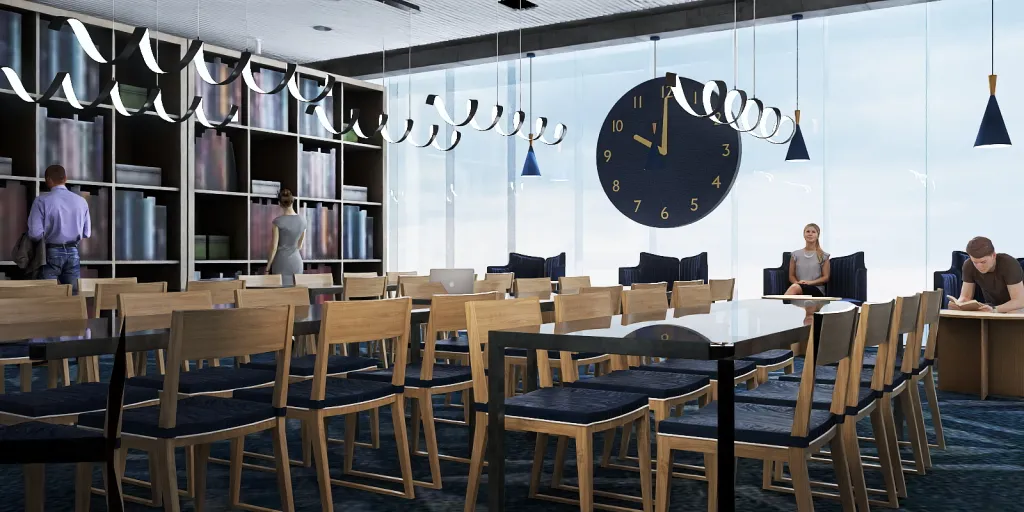 a large clock sitting in a room with tables and chairs 