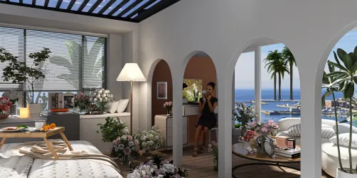 A spacious bedroom design featuring elegant floral arrangements, showcasing a modern coastal style with bright ocean views, utilizing Homestyler's real-time 3D rendering for an immersive interior experience.