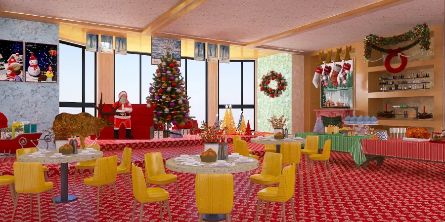 a room with a table, chairs, and a table with a christmas tree 