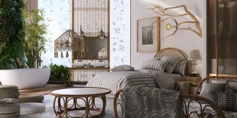 A cozy bedroom with a natural aesthetic featuring a rattan bed, botanical decor, and soft textures, showcasing interior design expertise using Homestyler's 3D rendering capabilities.