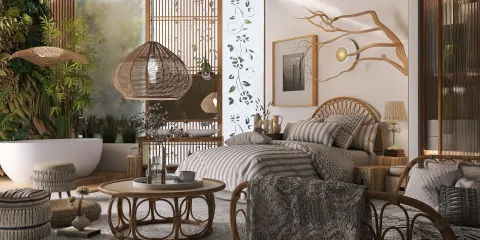 Cozy bedroom with natural materials and greenery, showcasing modern bohemian style, featuring realistic furniture arrangement for optimized space using Homestyler's 3D rendering capability.