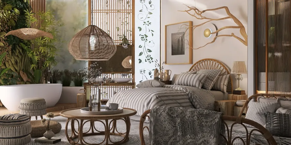 Cozy bedroom with natural materials and greenery, showcasing modern bohemian style, featuring realistic furniture arrangement for optimized space using Homestyler's 3D rendering capability.