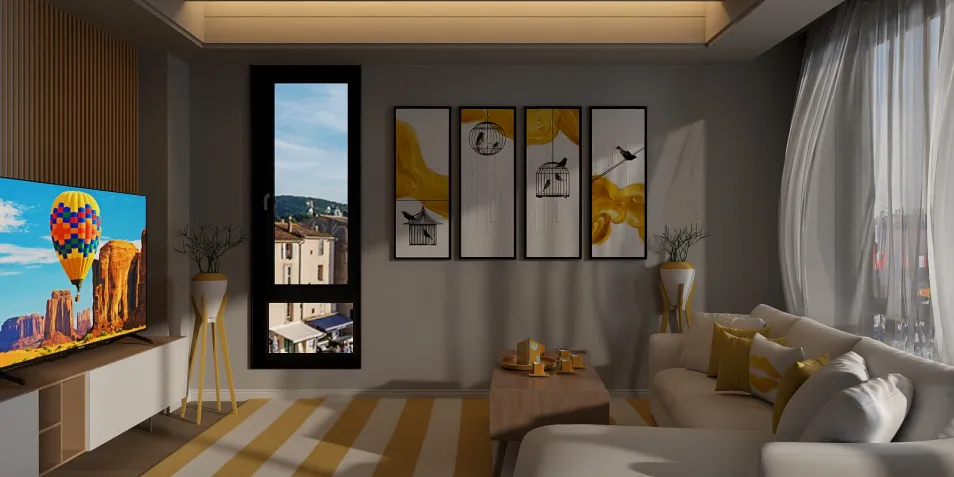 cozy living room showcasing a modern interior design with wall art and a stunning view; featuring Homestyler's real-time 3D rendering for instant design previews