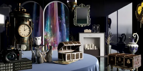 decorative items arranged on a round table in a modern living room designed with an eclectic style showcasing artistic flair and vibrant colors, utilizing Homestyler's real-time 3D rendering feature for an accurate design preview.