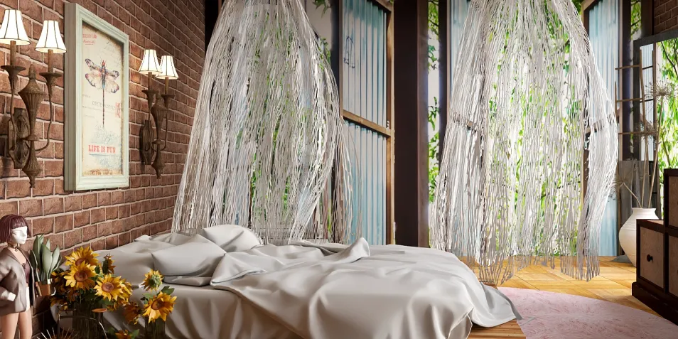 cozy bedroom with sleek design featuring innovative hanging elements and natural elements, showcasing an interior decor style, enhanced by Homestyler's real-time 3D rendering