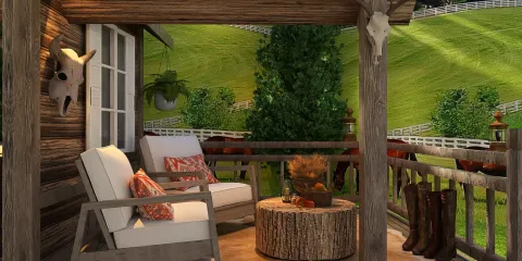 cozy outdoor seating area with rustic decor featuring a wooden table and comfortable chairs, designed with a country style ambiance, showcasing a charming porch view in Homestyler's 3D interior design.