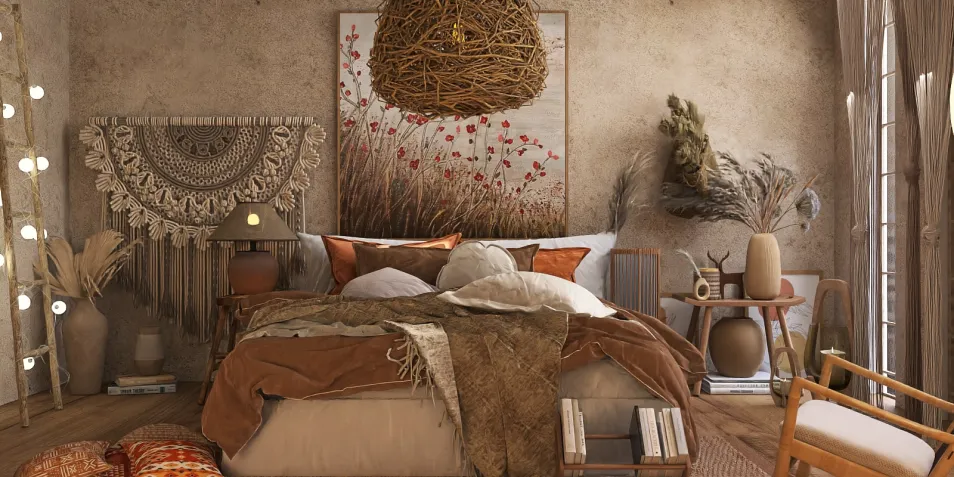 cozy bedroom with natural decor and warm colors featuring a rustic style design for an inviting atmosphere, showcasing Homestyler's real-time 3D rendering for flooring and wall texture visualization.