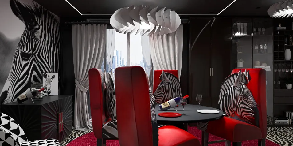 zebra-themed dining room featuring stylish red chairs around a circular table, designed using Homestyler's real-time 3D rendering for an immersive interior decor experience