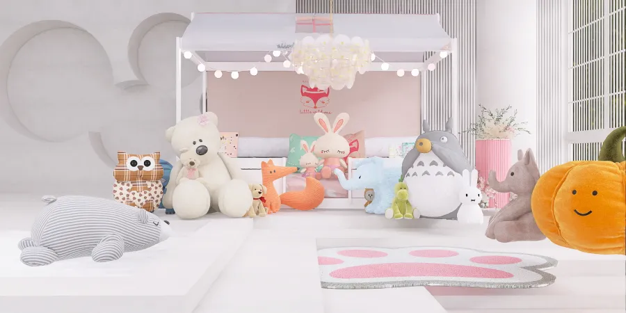 a room with a bunch of stuffed animals on the floor 