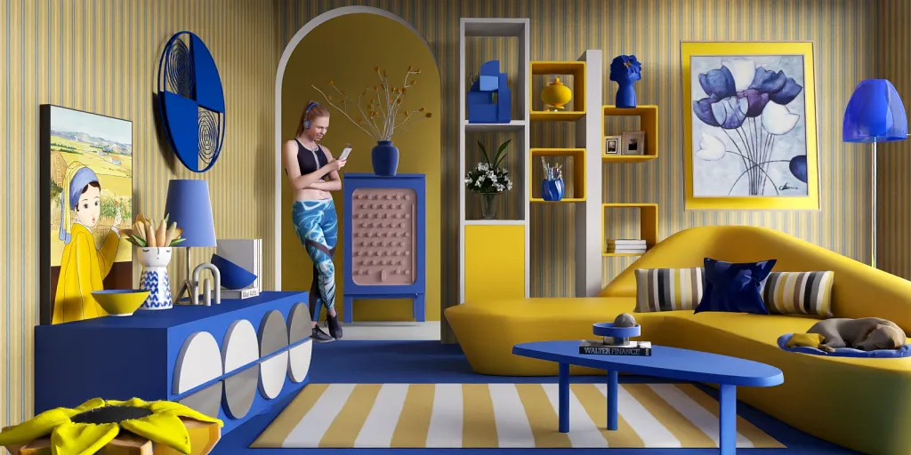 a room with a blue and yellow striped wall and a blue and yellow striped floor 