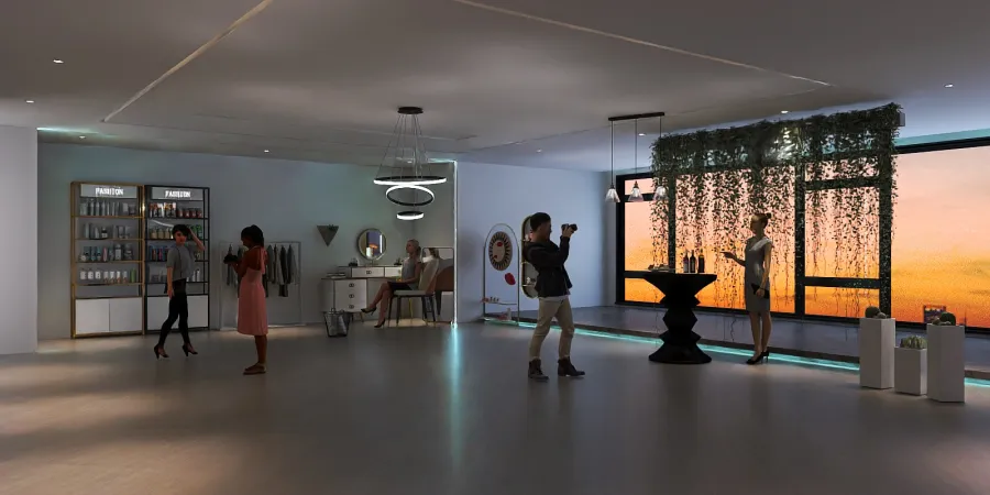 people standing in a room with a large mirror 