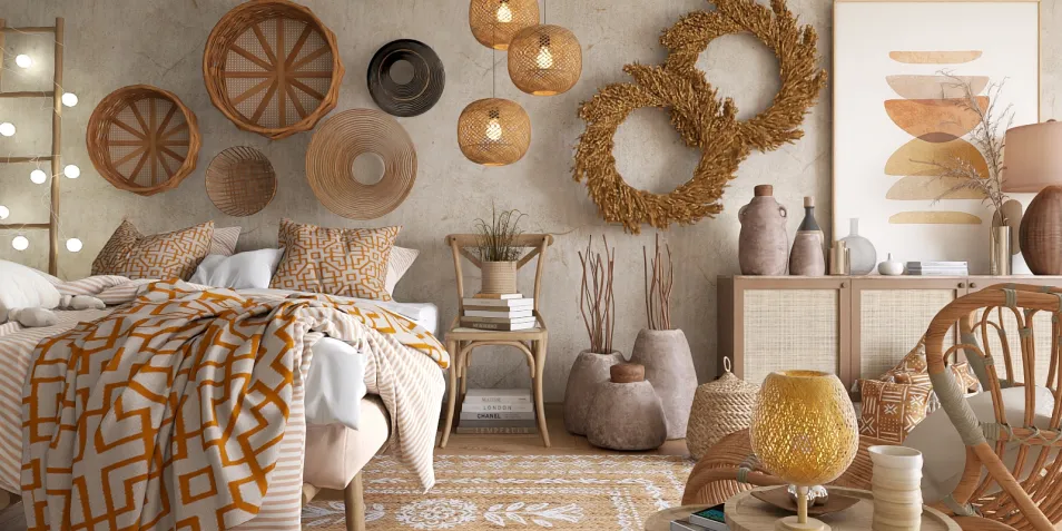 cozy bedroom with woven decor and a warm color palette featuring modern bohemian style, showcasing Homestyler's real-time 3D rendering for design previews