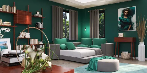 Modern green living room with sofa bed and decorative accents using Homestyler's real-time 3D rendering feature for interior design enhancement.