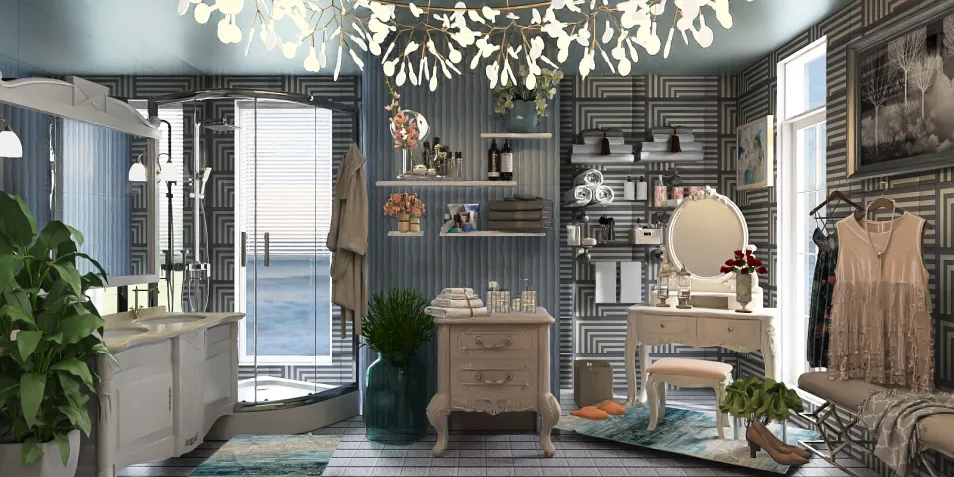 elegant bathroom makeover featuring a vintage vanity and modern shelving in a coastal style, showcasing the Homestyler real-time 3D rendering feature for immersive design previews.