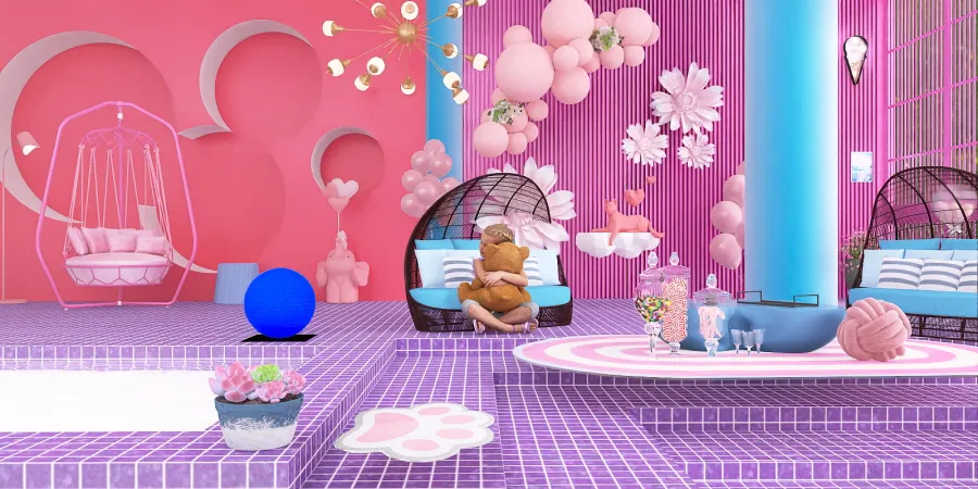 a doll house with a pink table and a pink chair 