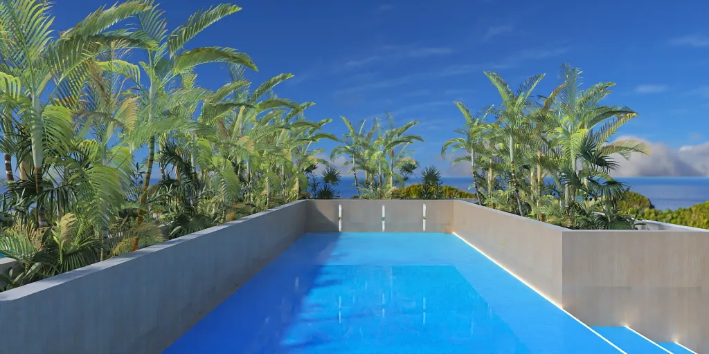 a pool with a blue sky and a blue wall 