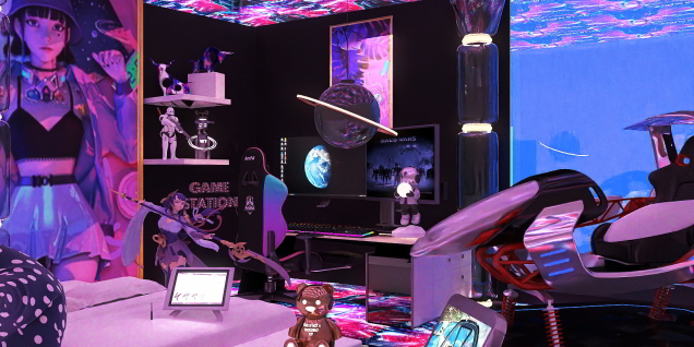 futuristic cyberpunk gamer room