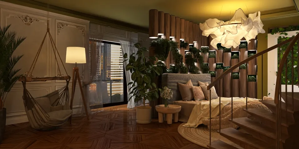 Luxurious bedroom interior design featuring a wooden staircase and natural light, utilizing Homestyler's real-time 3D rendering for a stunning visualization.