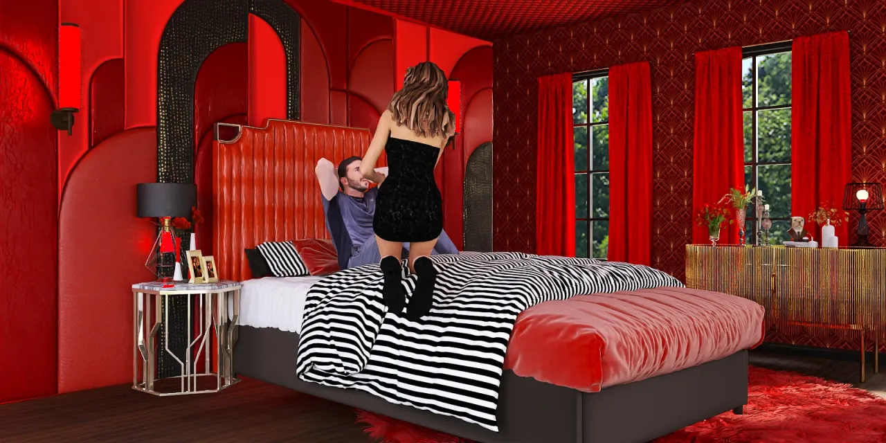 a woman is standing in a bedroom with a red bedspread 