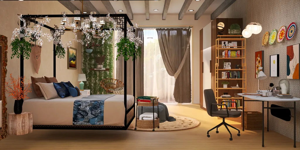 a bedroom with a bed, a table, and a lamp 