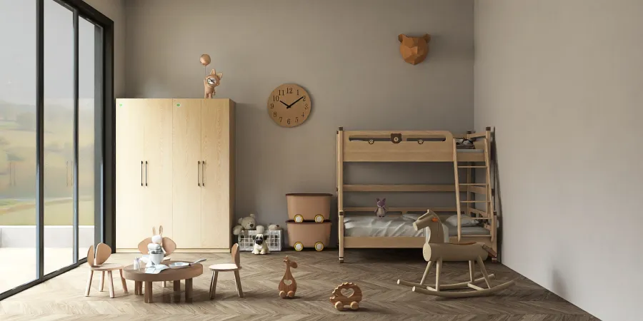 a room with a clock, a shelf, a chair and a shelf with a rug 