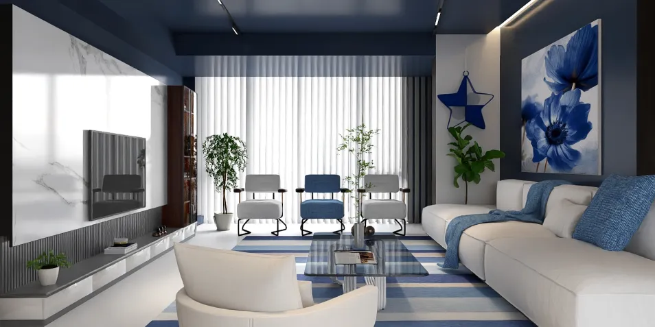 modern living room design featuring a blue and white color palette with stylish furniture arrangement showcasing interior decor principles; using Homestyler's real-time 3D rendering feature for accurate design visualization.