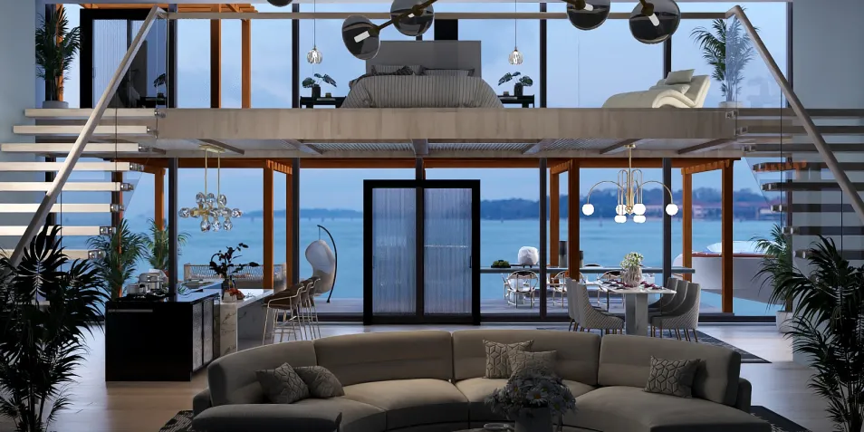 modern living room design featuring a spacious open layout with a stylish staircase, overlooking a scenic water view, utilizing Homestyler's real-time 3D rendering for accurate visualization.