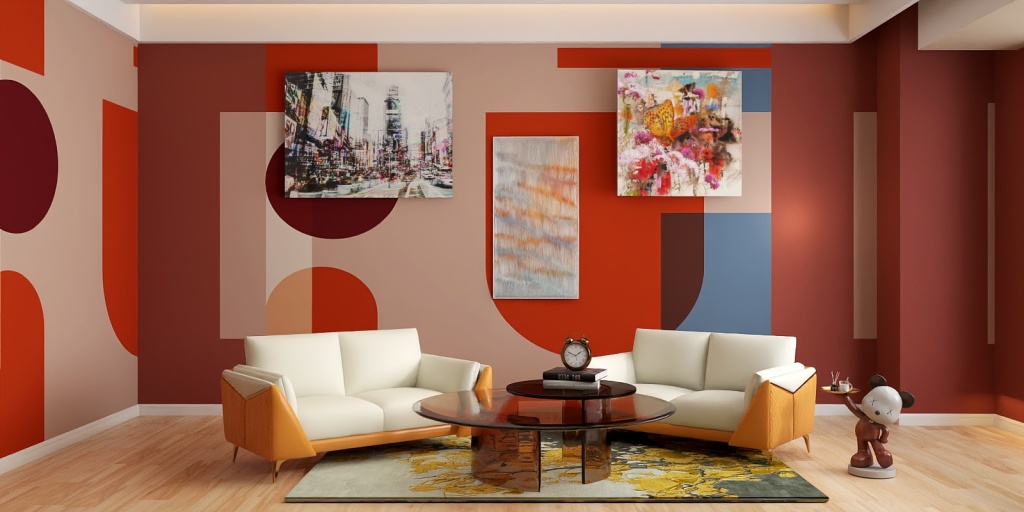 a living room with a couch, chair, and a painting on the wall 