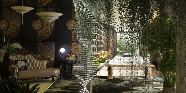 luxurious lounge with elegant sofa showcasing a botanical wall design in a contemporary style, emphasizing indoor greenery and utilizing Homestyler's real-time 3D rendering for visualization.