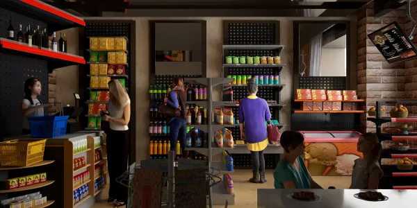 Retail space displaying various products with customers shopping, designed using smart furniture arrangement for optimal small space use, featuring Homestyler's real-time 3D rendering for rapid design previews.