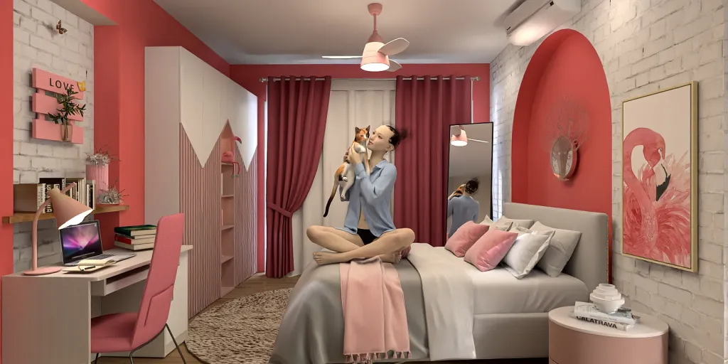 a woman in a red dress is on a phone in a room with a bed and a dress