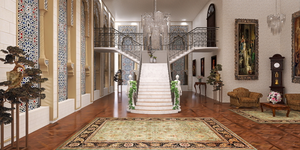 a living room with a large staircase leading to a staircase 