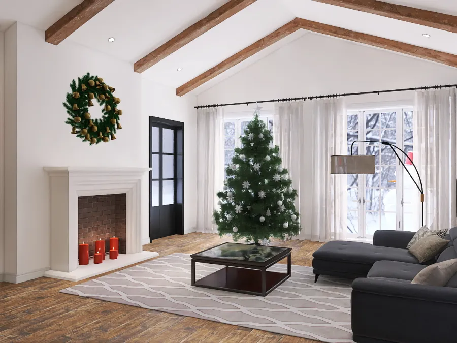 a living room with a tree and a christmas tree 
