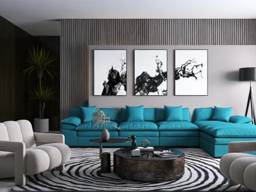 living room with turquoise sectional sofa featuring modern abstract art on walls, showcasing contemporary interior design; utilizing Homestyler's real-time 3D rendering for design proposal visualization.